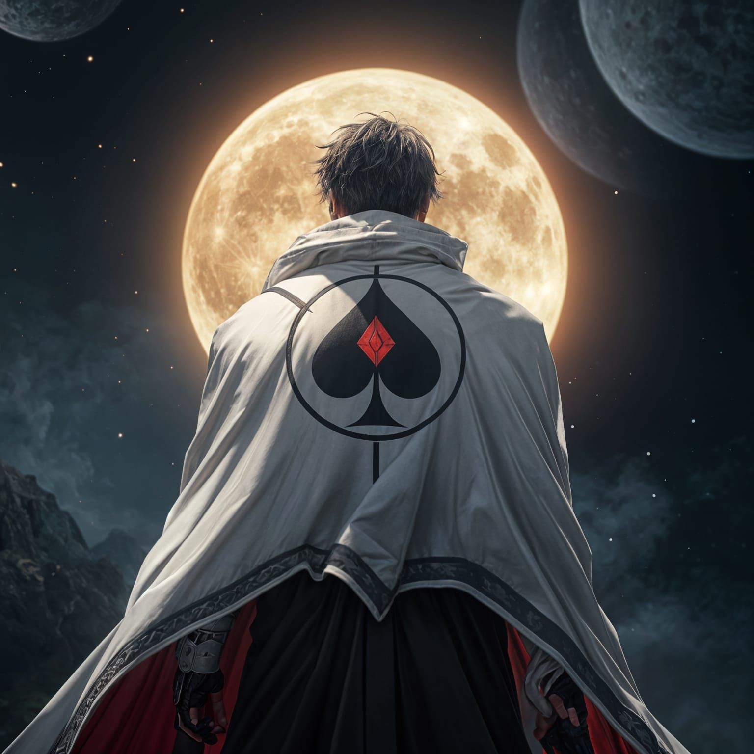 Anime Hero in Full Moon Cloak with Ace Symbol