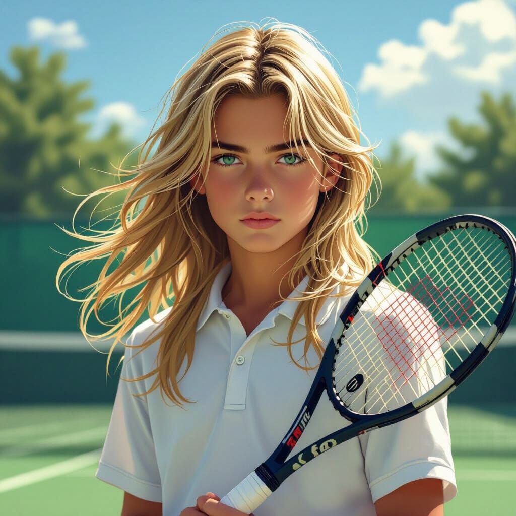 Young Tennis Player with Flowing Hair in Cinematic Lighting