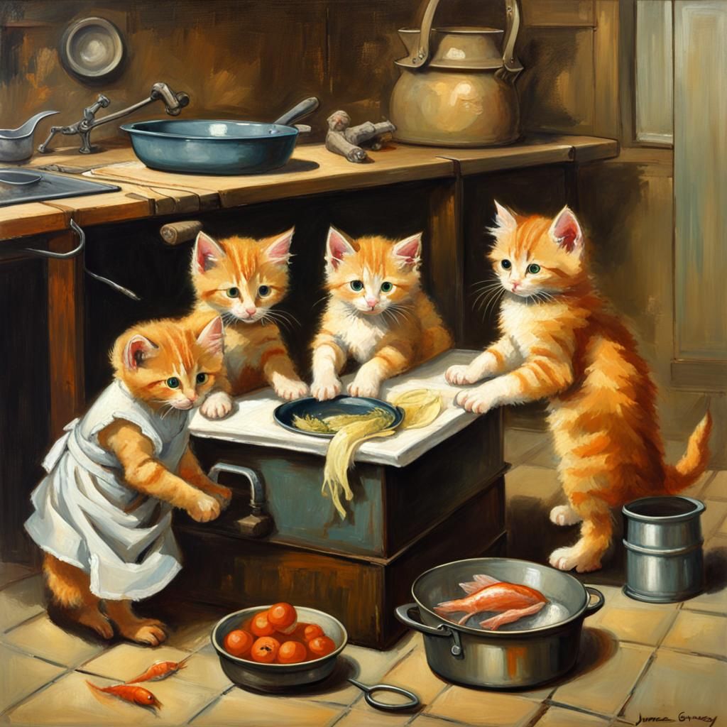 Kittens Preparing Food: An Oil Painting