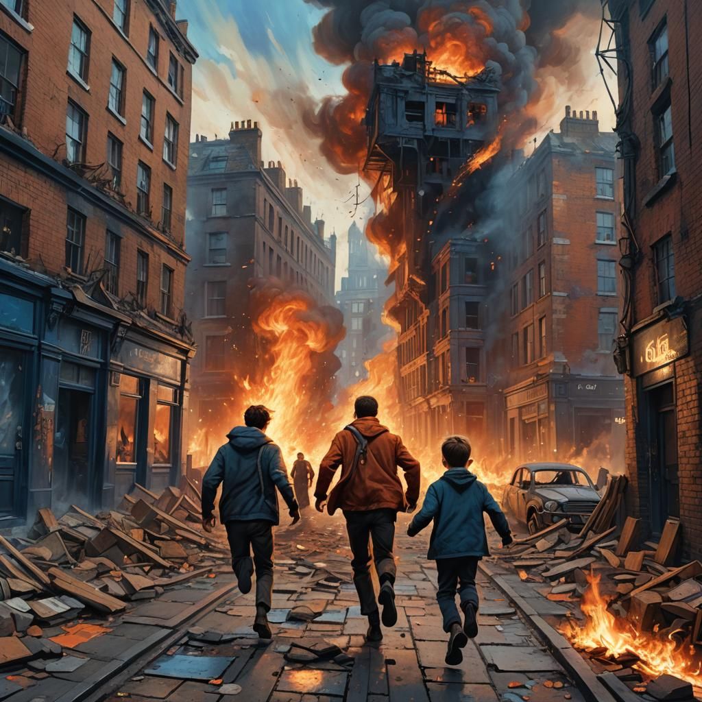 London Blitz: Man Escaping Fire in War-Torn City