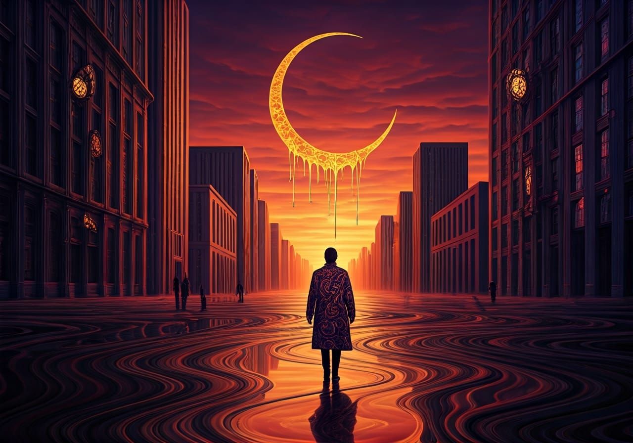 Surreal Distorted Cityscape with Lone Figure