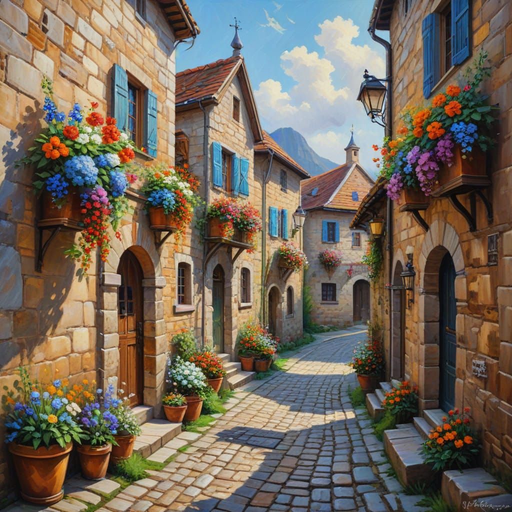 Medieval Village Street Scene in Charming Impasto Oil Painti...