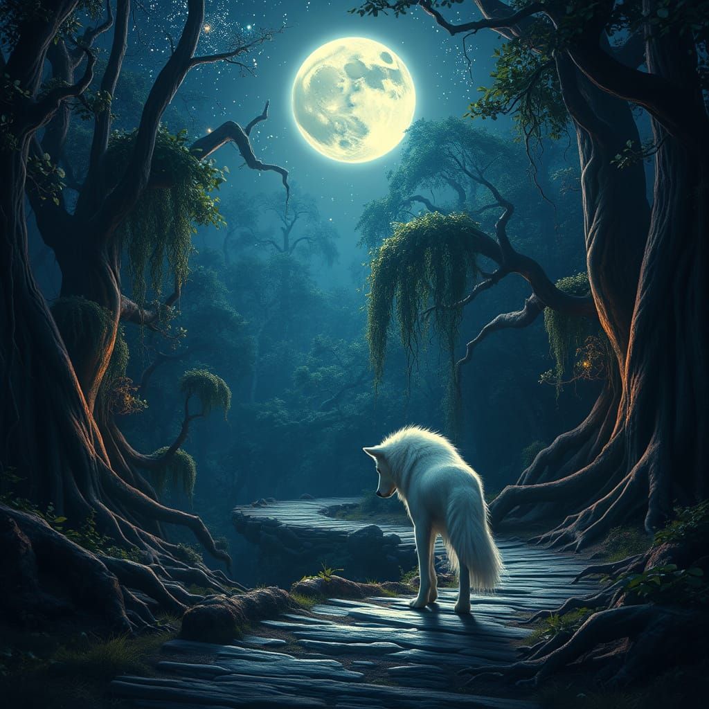 Moonlit Forest Encounter in Dreamlike Quality