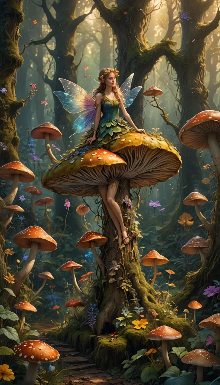 Enchanting Fairy on Mushroom in Vibrant Forest
