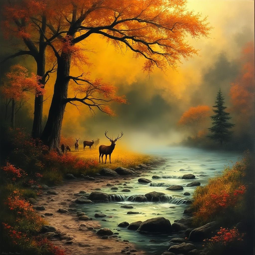 Autumn Bucks in a Mystical Woodland Scene