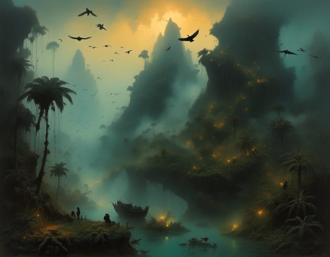 Lush Rainforest Sunset in a Dark Comic Style