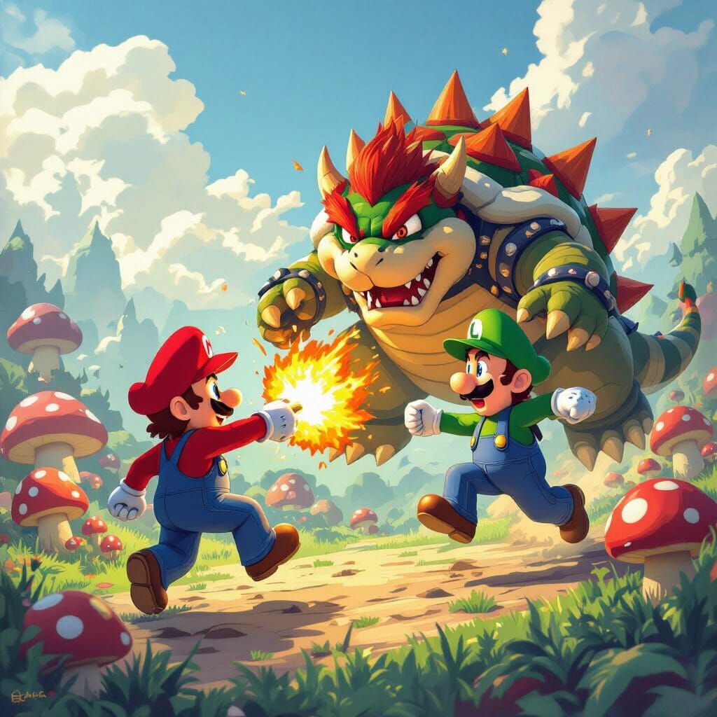 Mario and Luigi Fight Bowser in Fantasy Landscape