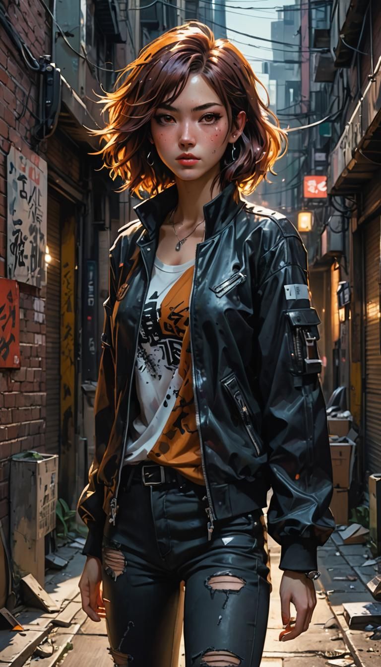 Anime Woman in Alley: Hyper-Realism with Surrealism