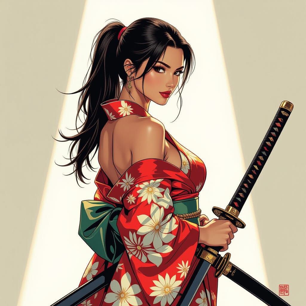 Japanese Woman With Katana In Comic Book Style