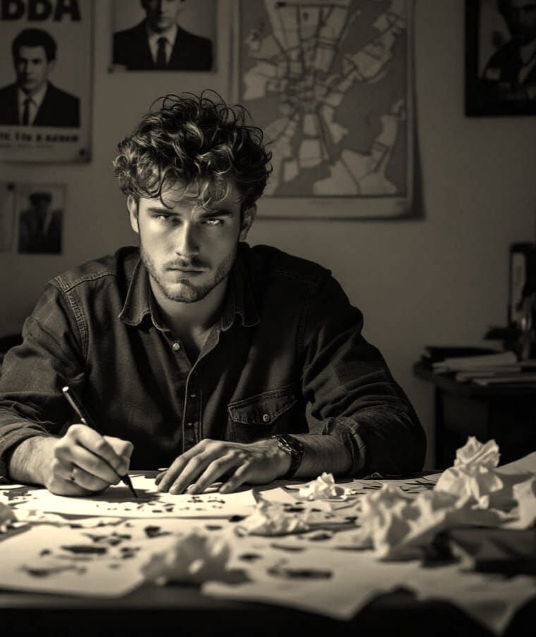 Man's Intense Focus in Dimly Lit Room