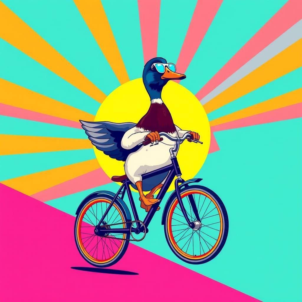 Mallard Duck Does Wheelie in 80s Pop Art Style