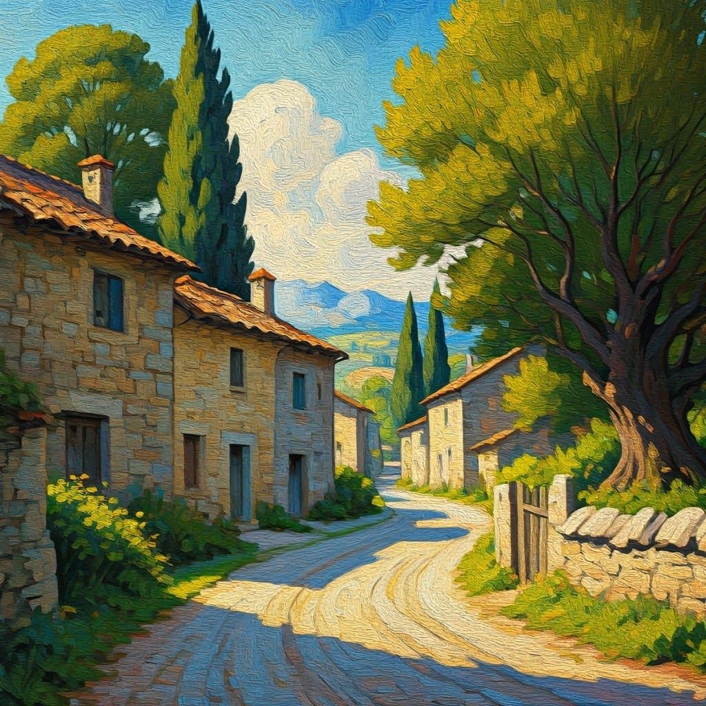 Quaint Village in Rolling Hills as Impasto Painting