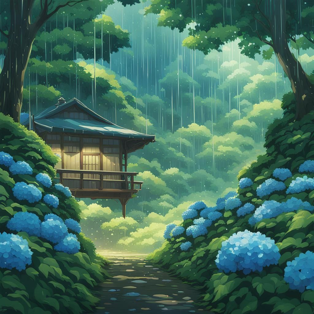 Lush Forest Hydrangeas in Rain, Ghibli Anime Style