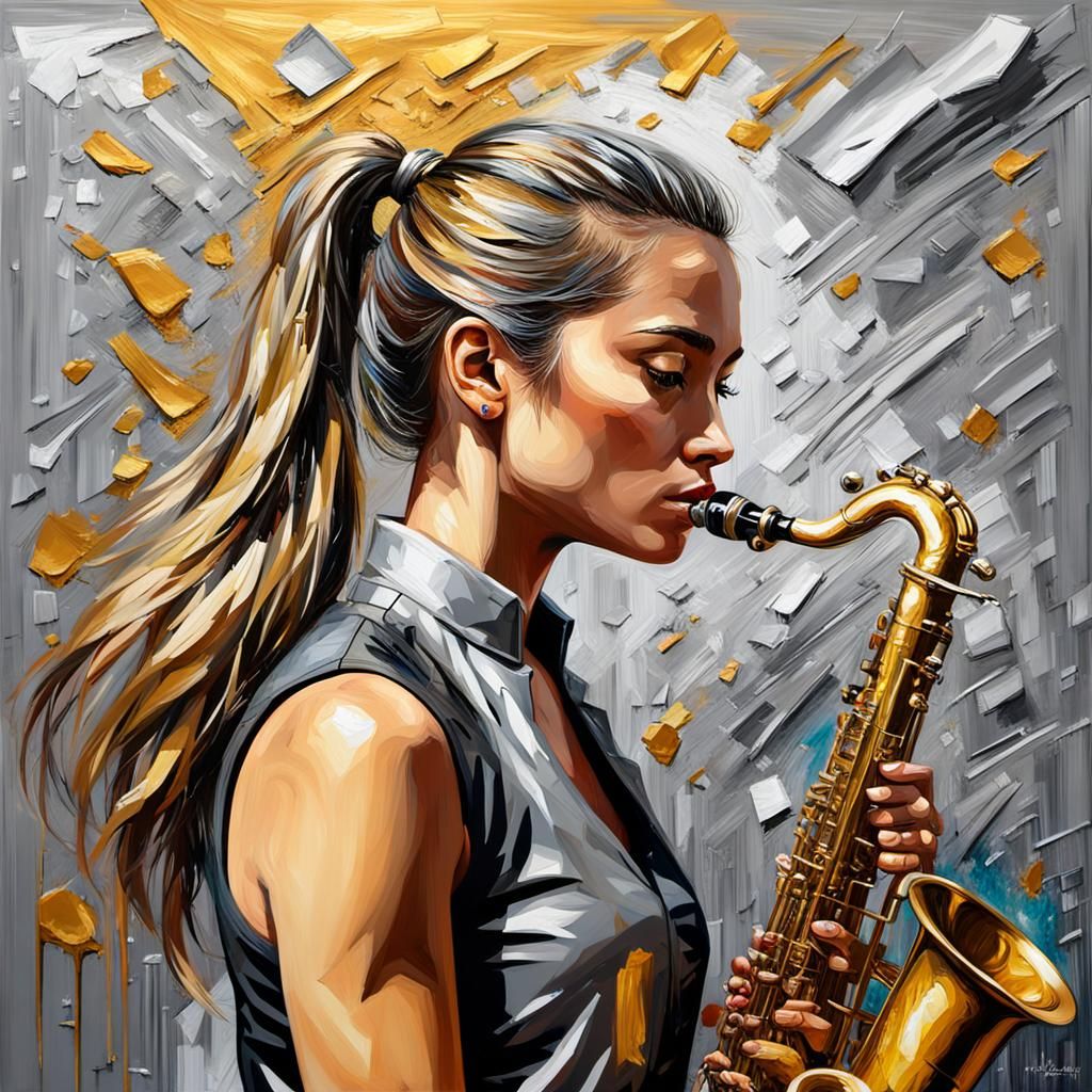 Girl Playing Saxophone: Impasto Palette Knife Painting