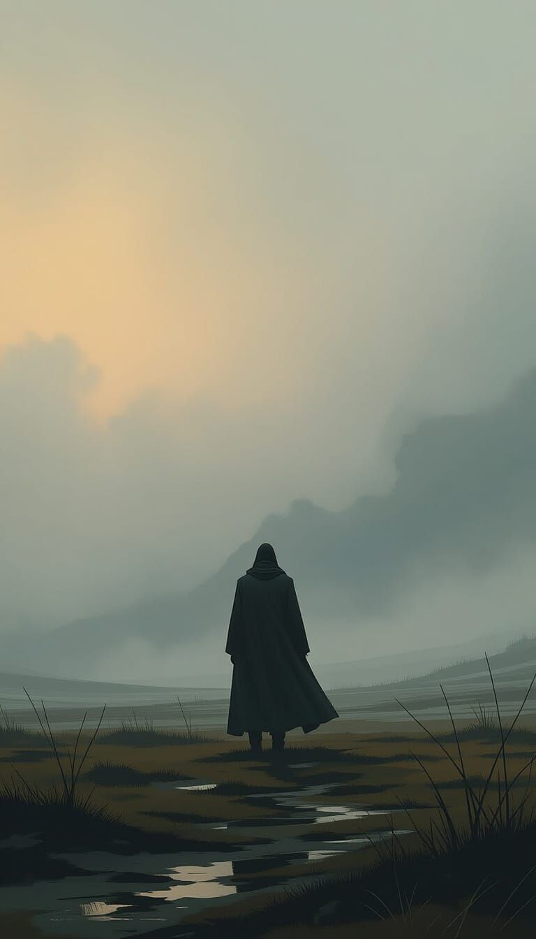 Misty Landscape Figure in Atmospheric Digital Art Style