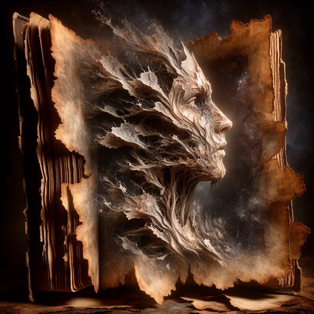 Surreal Ancient Tome Displaying Human Visage