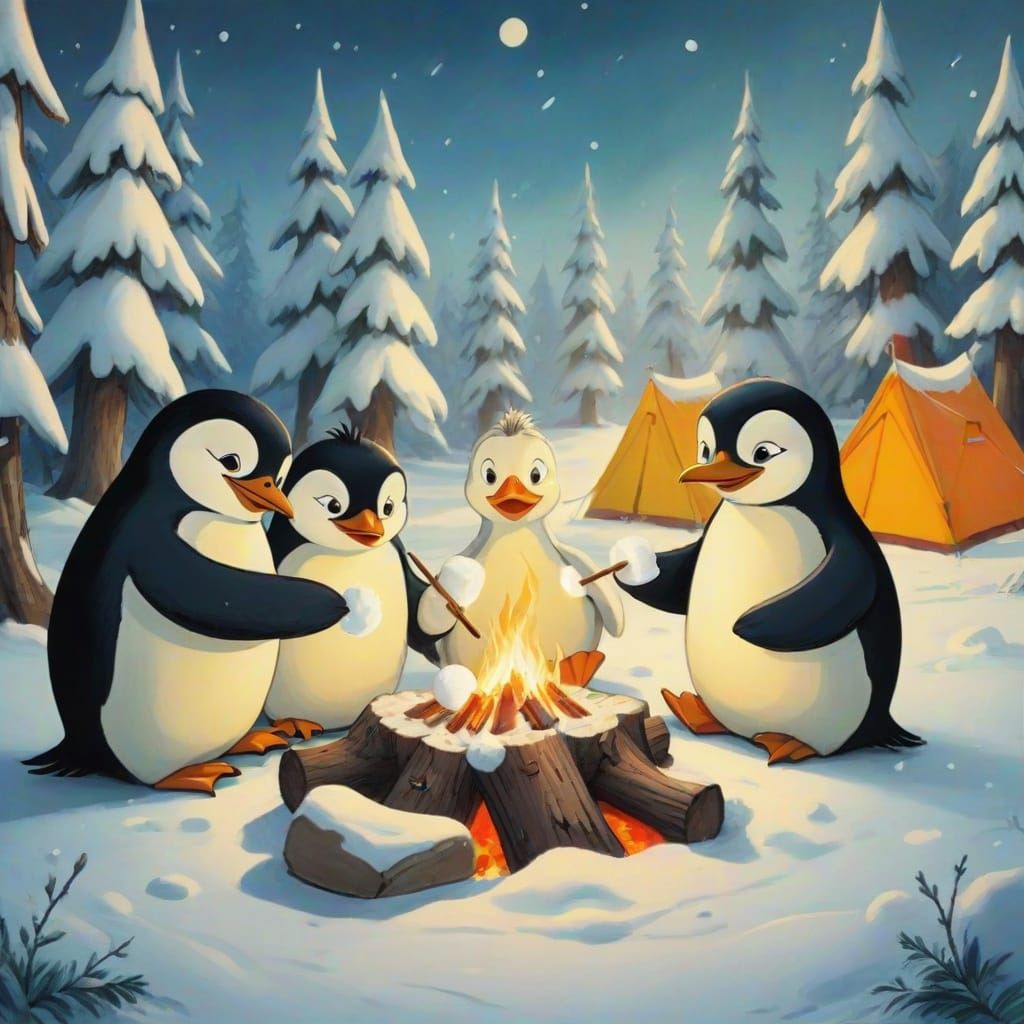 Winter Wildlife Friends Gather Around the Campfire