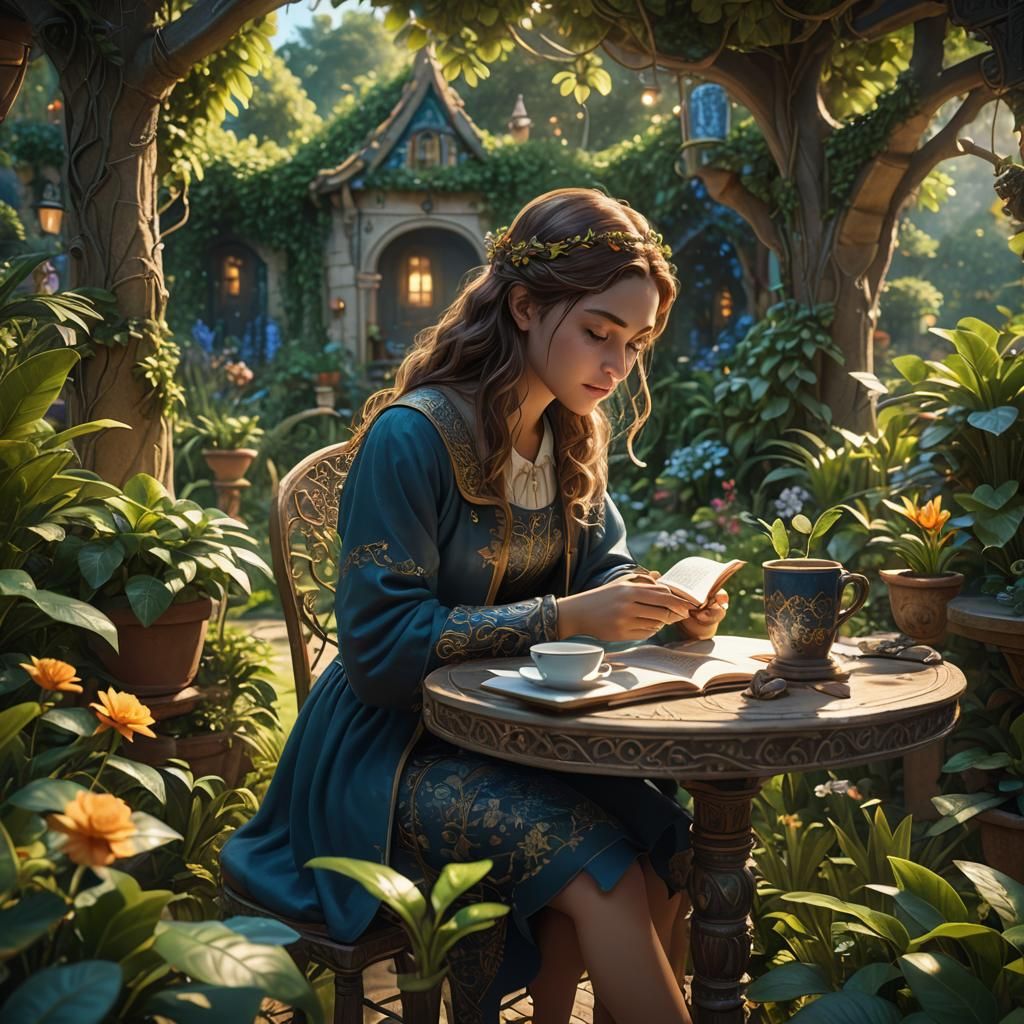 Girl Reading in Lush Garden: Fantasy Concept Art