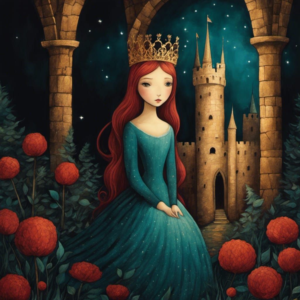 Moody Princess in Medieval Castle, Whimsical Art