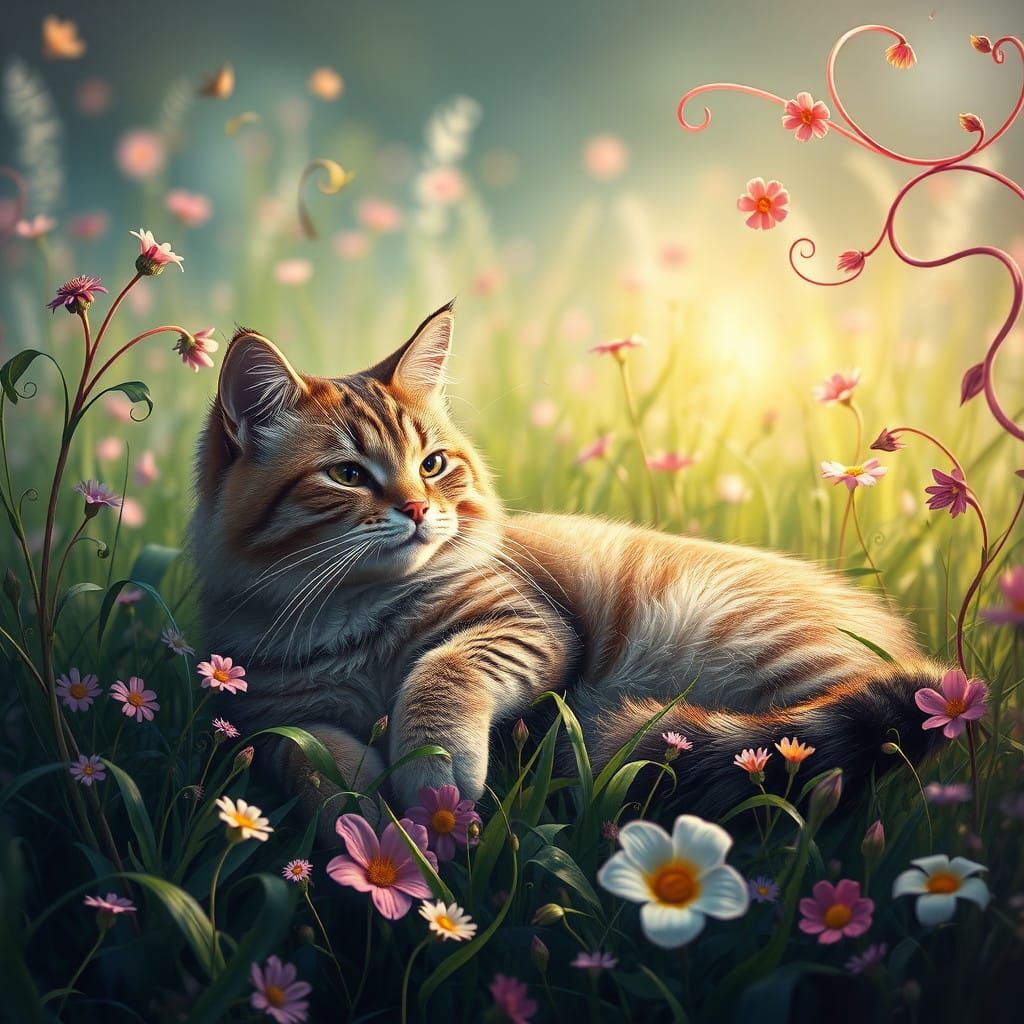 Serene Cat in Vibrant Floral Wonderland