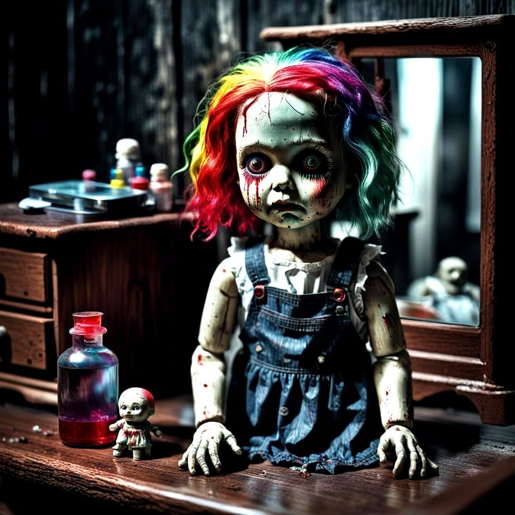 Abandoned Room with Creepy Doll in Hyper-Realistic Style