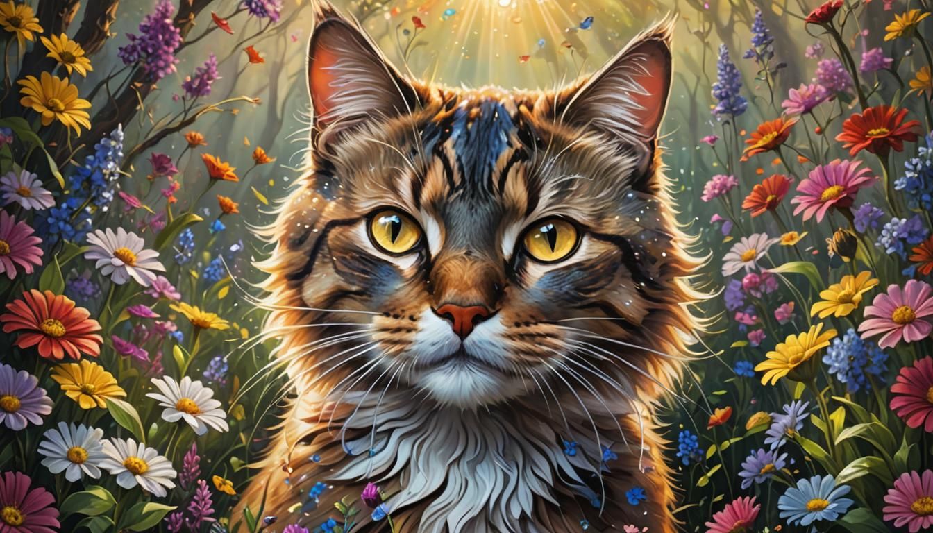 Fantasy Cat Portrait in Enchanted Flower Garden