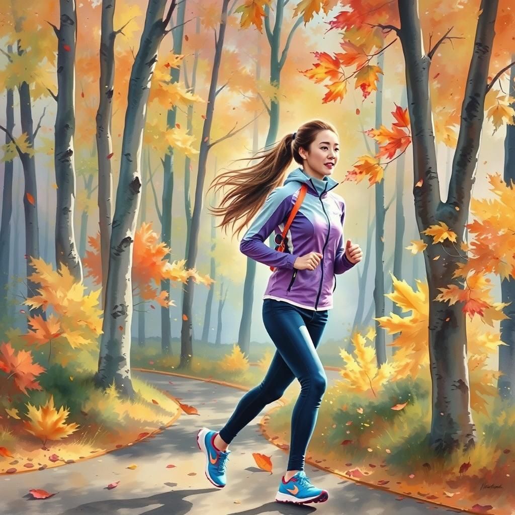Japanese Woman Jogging on Autumn Morning: Watercolor Paintin...