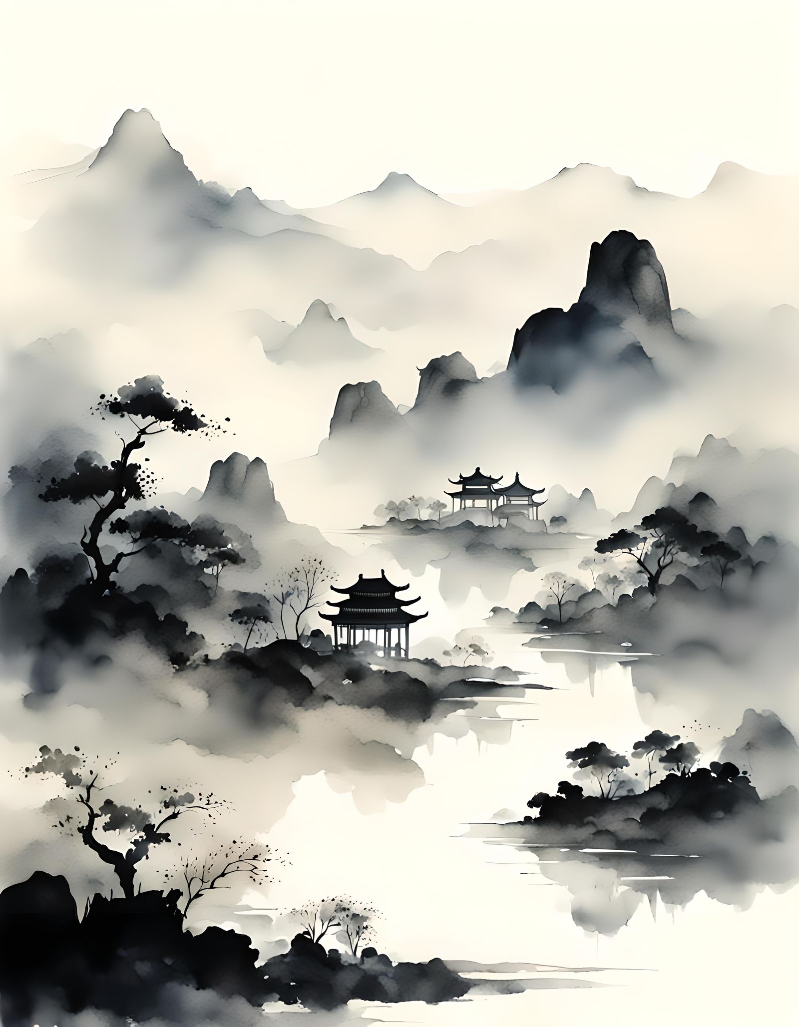 Elegant Chinese Ink Landscape Watercolor