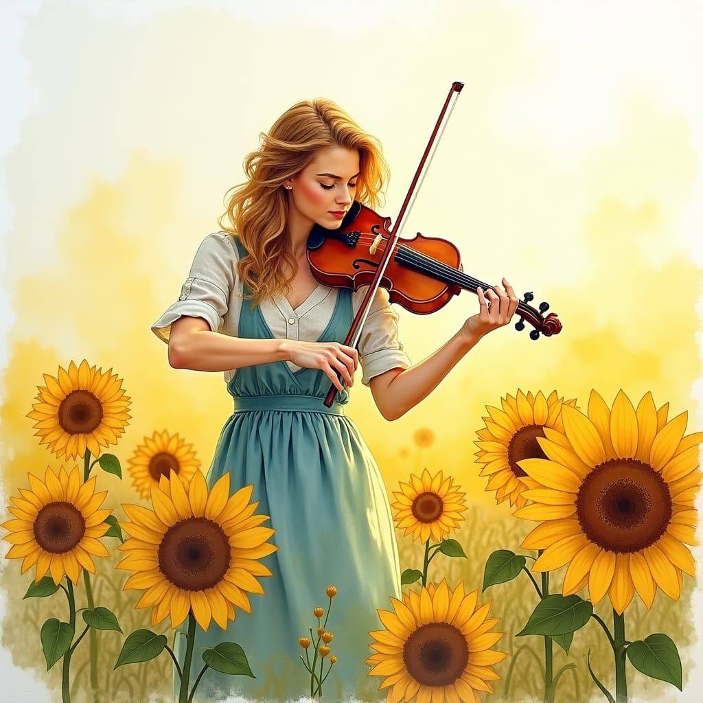 Centauride Fiddler in Sunflower Field: Watercolor Art