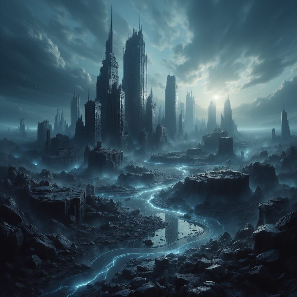 Dystopian Metropolis by the Sea in Gritty Style