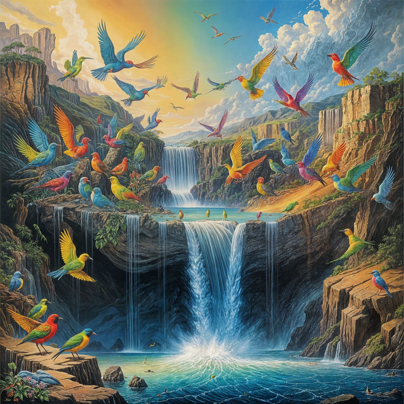 Surrealistic Birds in a Melting Rainbow World