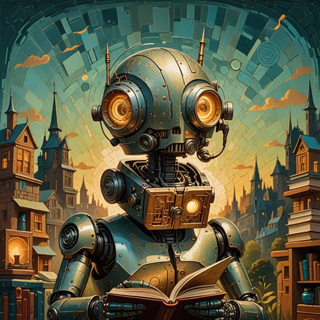 Cyborg Reader in Naive Folk Art Style