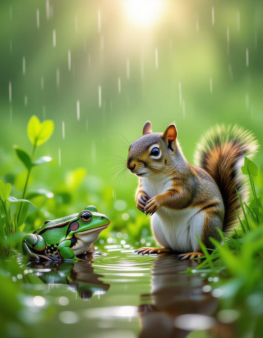 Squirrel and Frog in Gentle Summer Rain