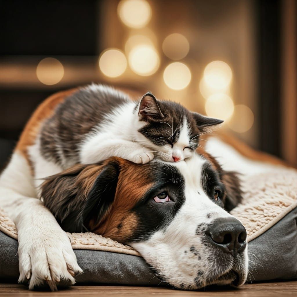 Kitten Napping on Saint Bernard Dog