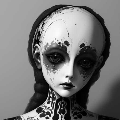 Eerie Doll Face in Ink Wash Painting Style