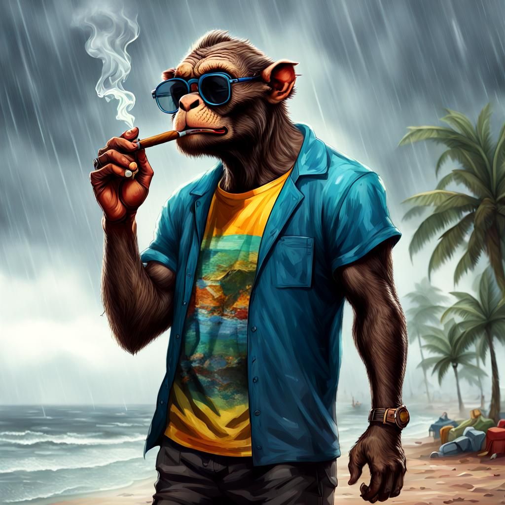 Anthropomorphic Beast Smoking Cigar in the Rain