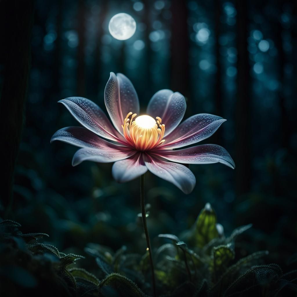 Mystical Glowing Flower in Enchanted Forest Photography