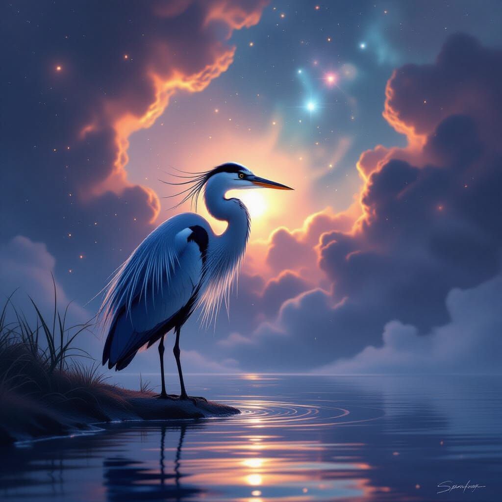 Majestic Heron in Cosmic Nebula