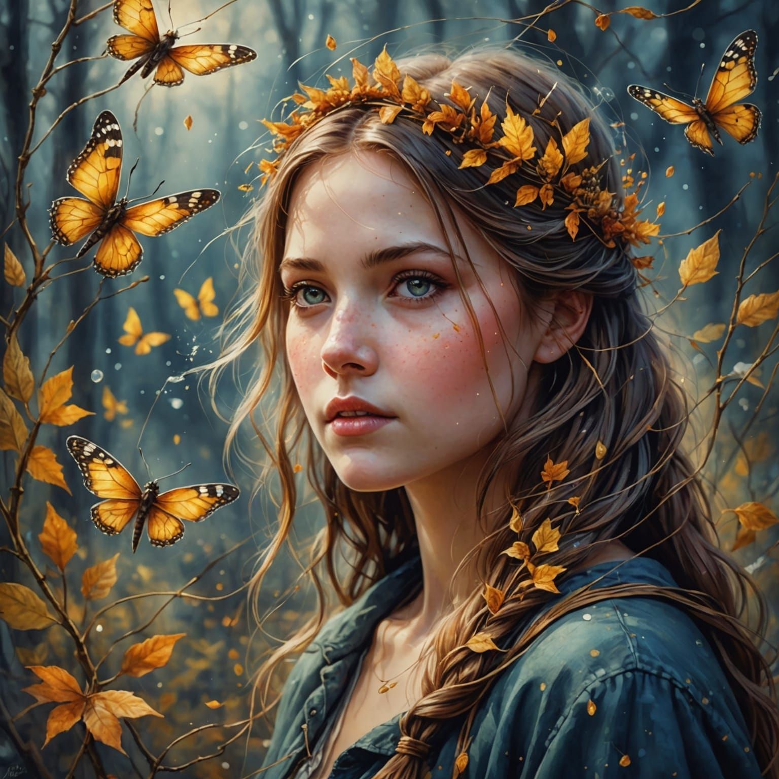 Autumn Girl in Watercolor Fantasy Art
