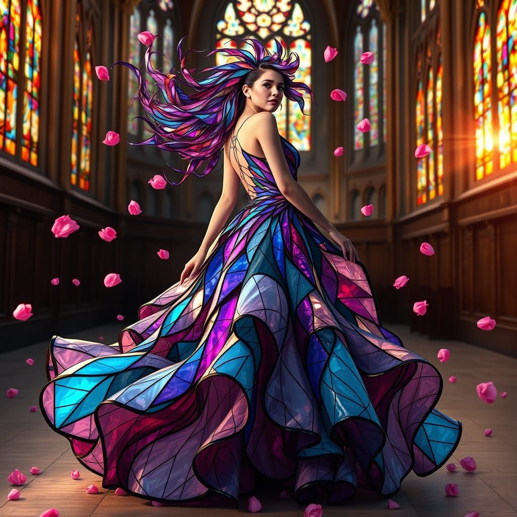 Stained Glass Gown Woman in Gothic Church