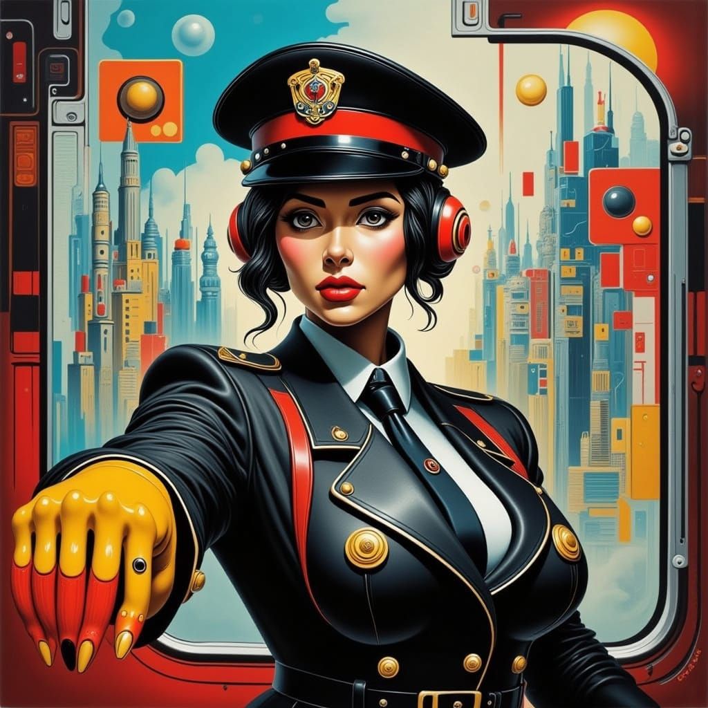 Cyberpunk Train Conductor in Neon Cityscape