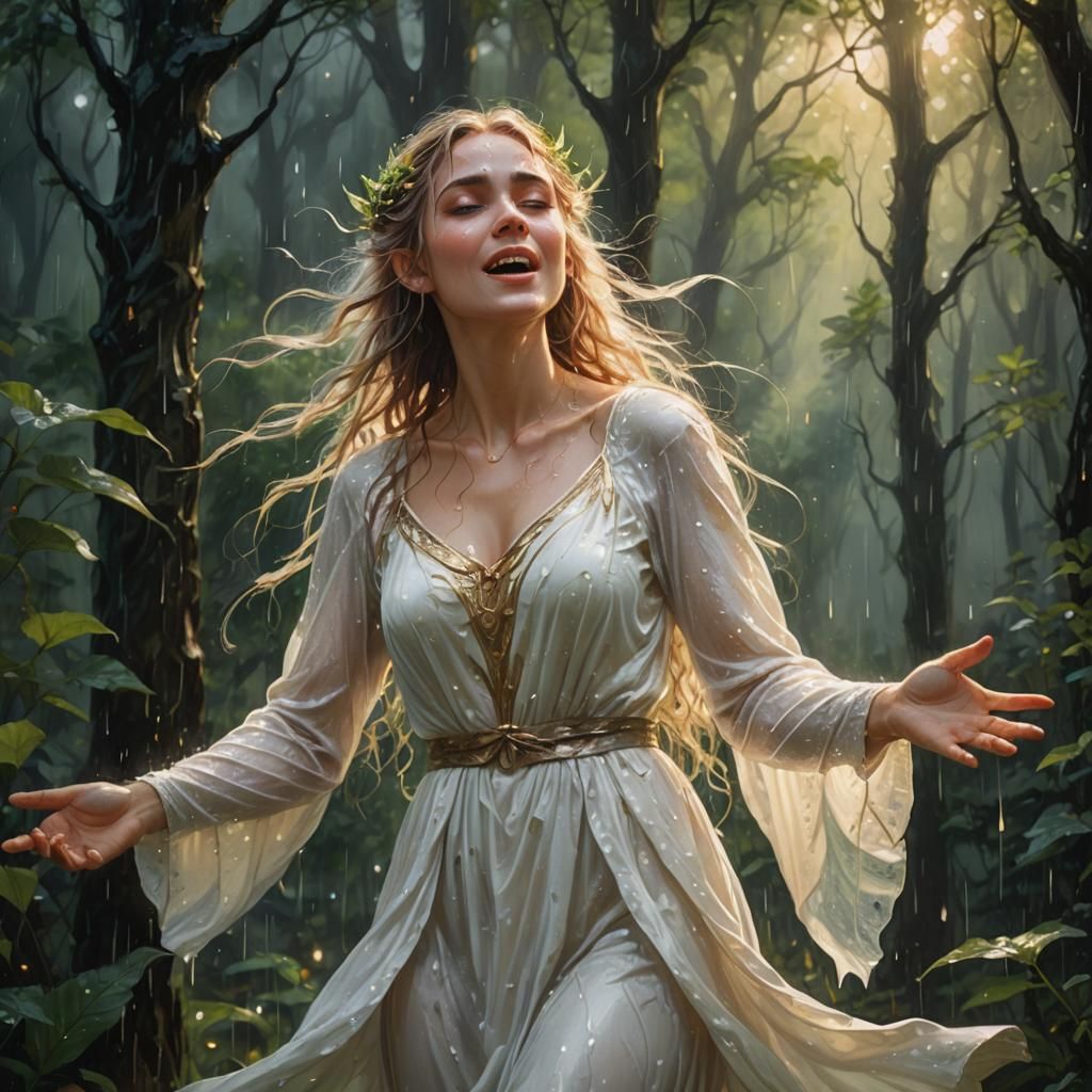 Enchanted Elven Woman Singing in Rainy Forest