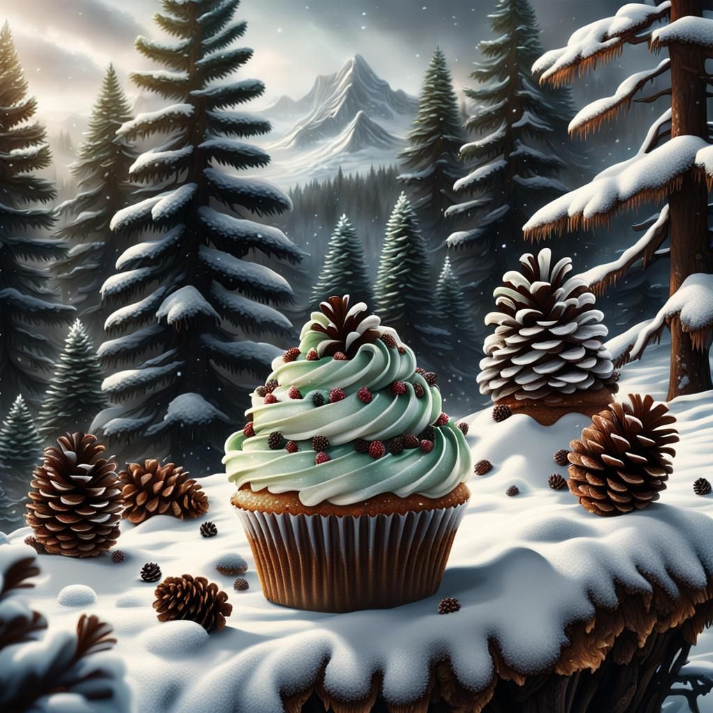 Winter Wonderland Cupcake Scene in a Dramatic Digital Painti...
