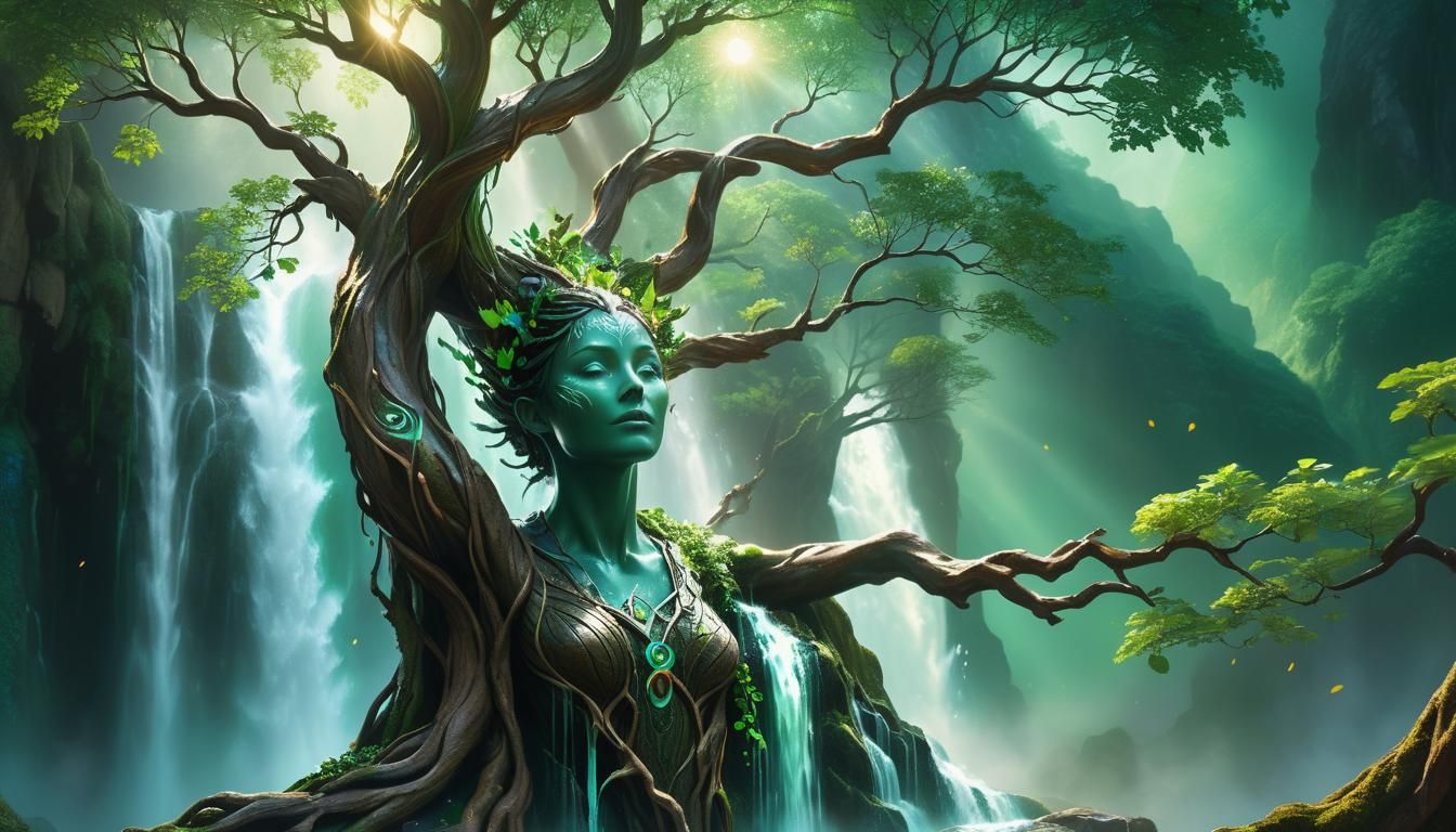 Yggdrasil at Colorful Waterfall, Fantasy Splash Art