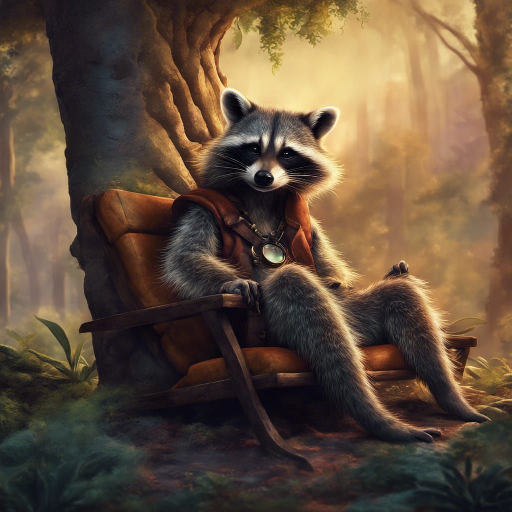 Fantastical Lazy Raccoon Lounging: Detailed Matte Painting