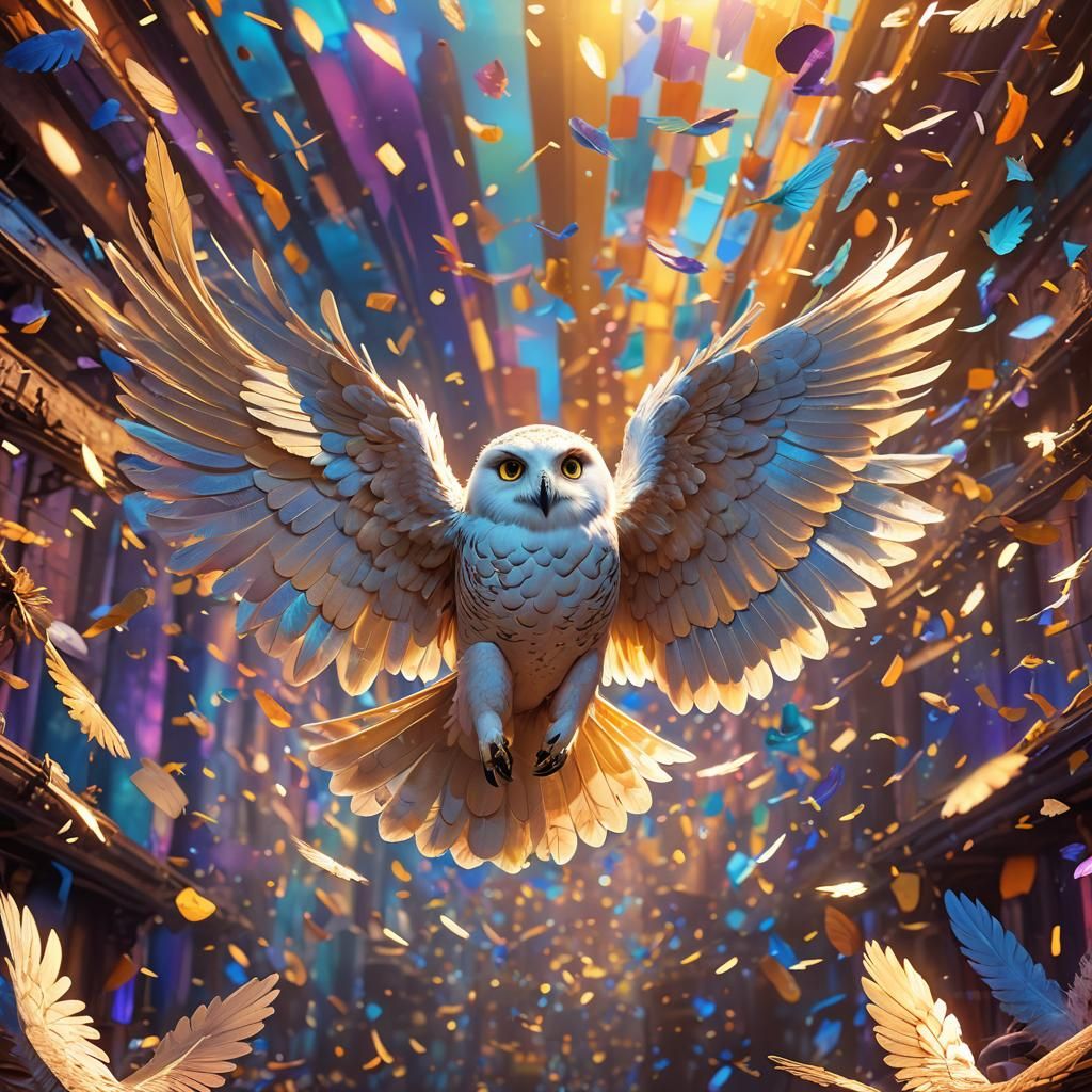 Owl Soaring Through Iridescent Sky in Dreamy Style