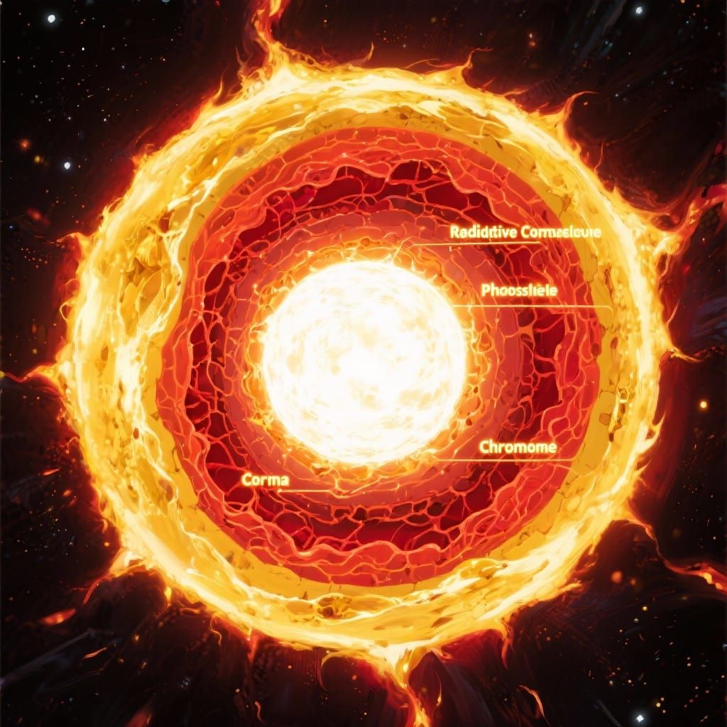 Detailed Sun Cutaway: Core to Corona in Cosmic Realism