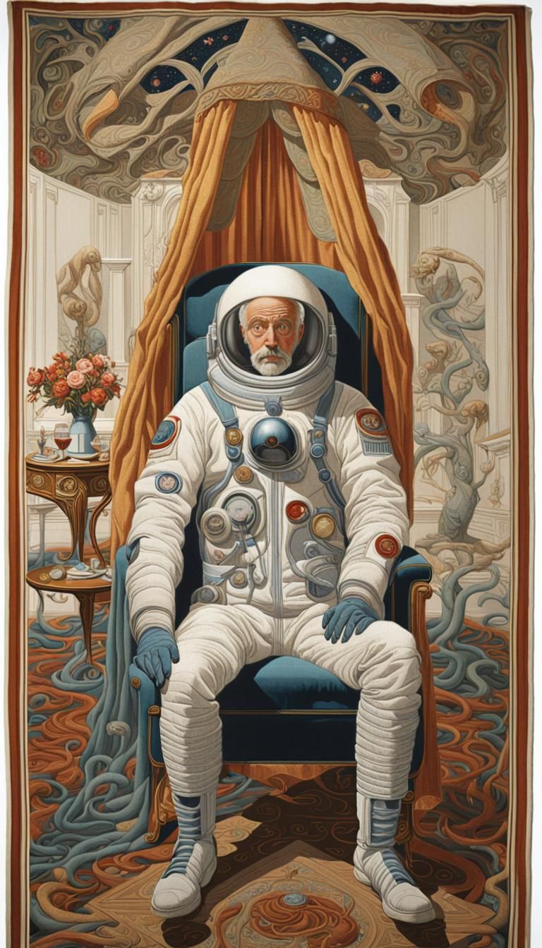 Surreal Tapestry of Astronaut in Neoclassical Room
