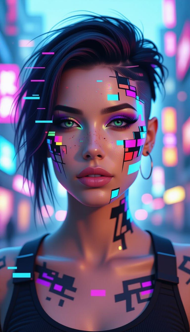 Cyberpunk Woman Portrait with Glitching Neon Tattoos