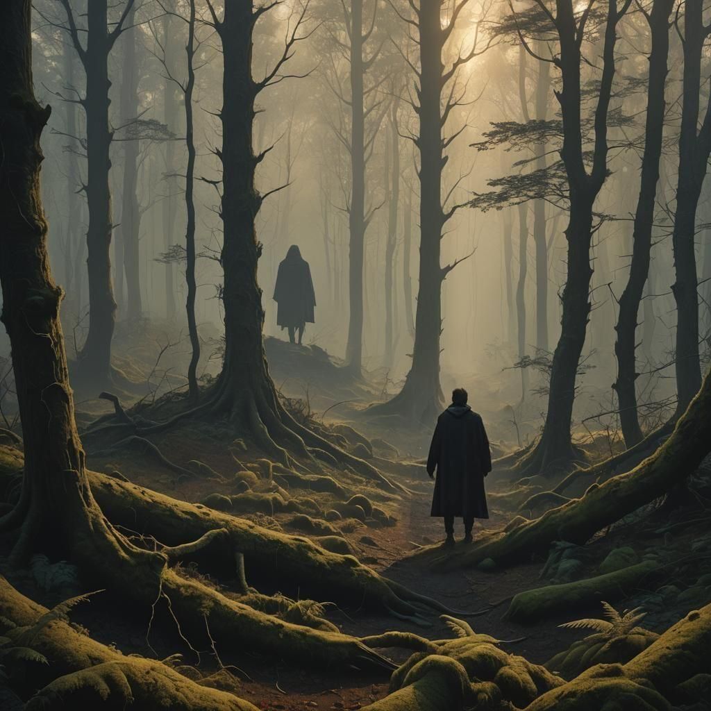 Eerie Figure Observes Forest Dweller: Digital Matte Painting